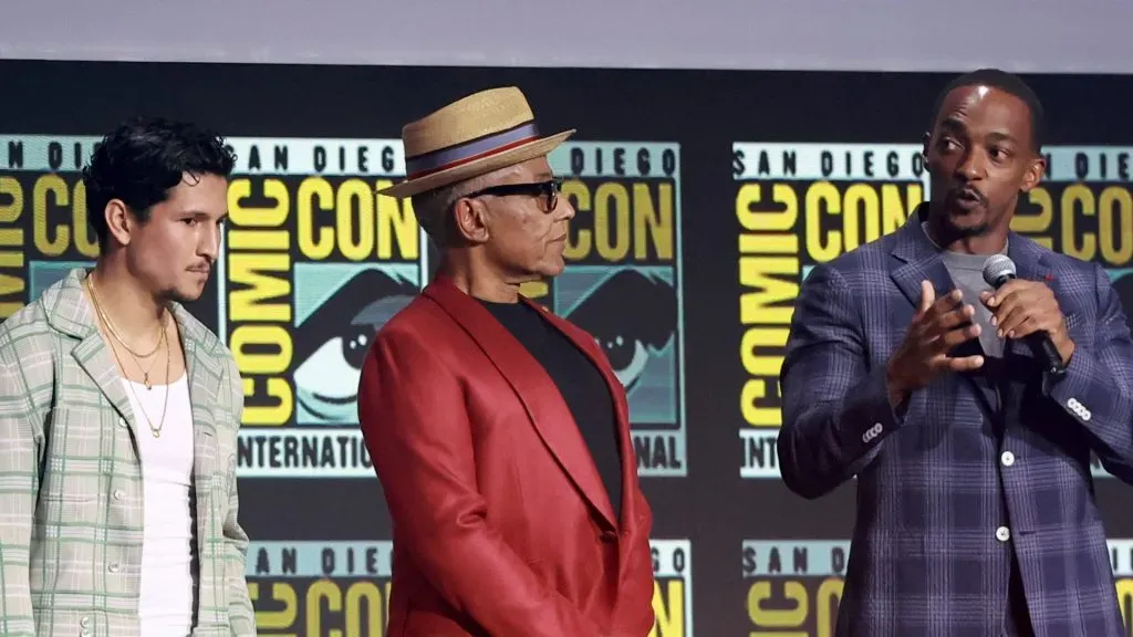 Danny Ramirez, Giancarlo Esposito and Anthony Mackie speak onstage at the Marvel Studios Panel during 2024 Comic-Con International at San Diego Convention Center on July 27, 2024 in San Diego, California. (Source: Matt Winkelmeyer/Getty Images)