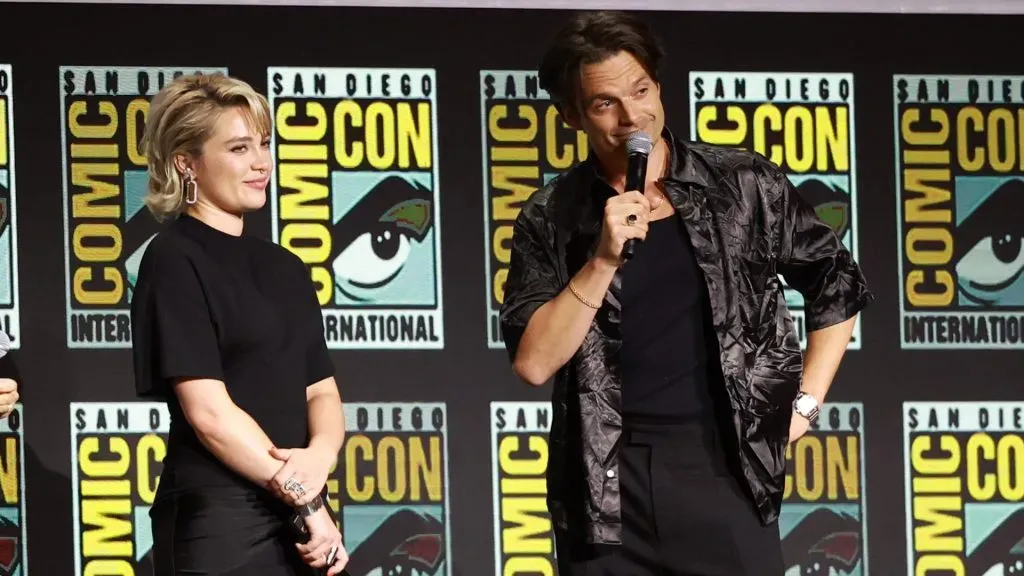 Florence Pugh and Sebastian Stan speak onstage at the Marvel Studios Panel during 2024 Comic-Con International at San Diego Convention Center on July 27, 2024 in San Diego, California. (Source: Matt Winkelmeyer/Getty Images)