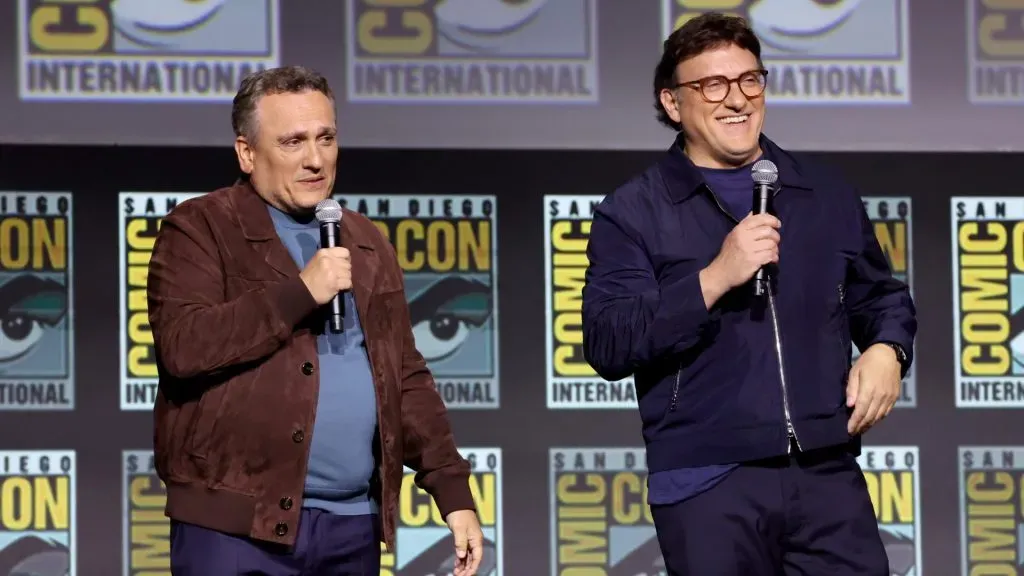 Joe Russo and Anthony Russo speak onstage during the Marvel Studios Panel in Hall H at SDCC in San Diego, California on July 27, 2024. (Source: Jesse Grant/Getty Images for Disney)