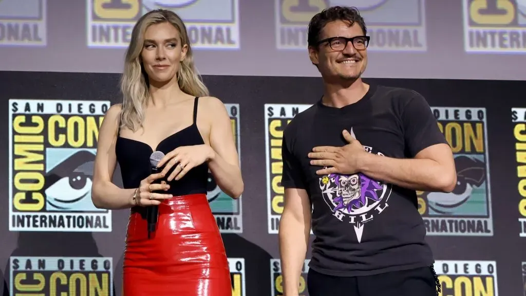 Vanessa Kirby and Pedro Pascal speak onstage during the Marvel Studios Panel in Hall H at SDCC. (Source: Jesse Grant/Getty Images for Disney)