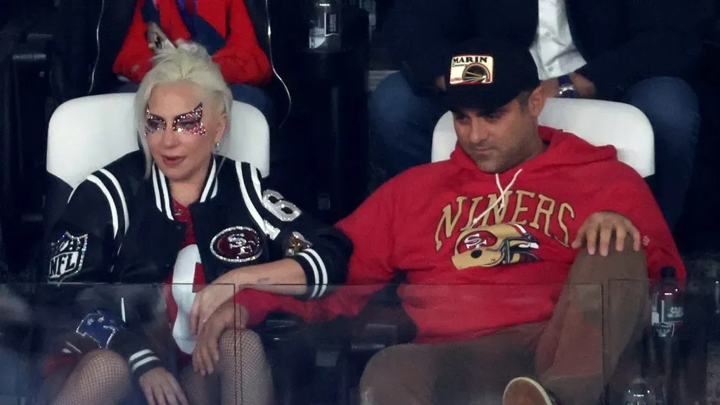 Lady Gaga and Michael Polansky look on in the third quarter during Super Bowl LVIII between the San Francisco 49ers nad Kansas City Chiefs at Allegiant Stadium on February 11, 2024 in Las Vegas, Nevada. (Source: Rob Carr/Getty Images)