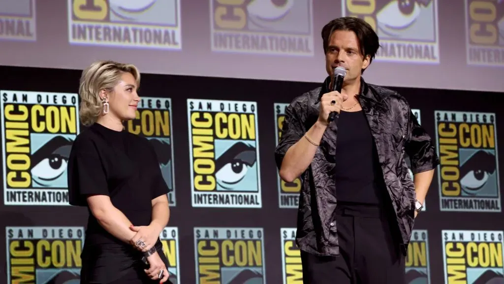 Florence Pugh and Sebastian Stan speak onstage during the Marvel Studios Panel in Hall H at SDCC in San Diego, California on July 27, 2024. (Source: Jesse Grant/Getty Images for Disney)