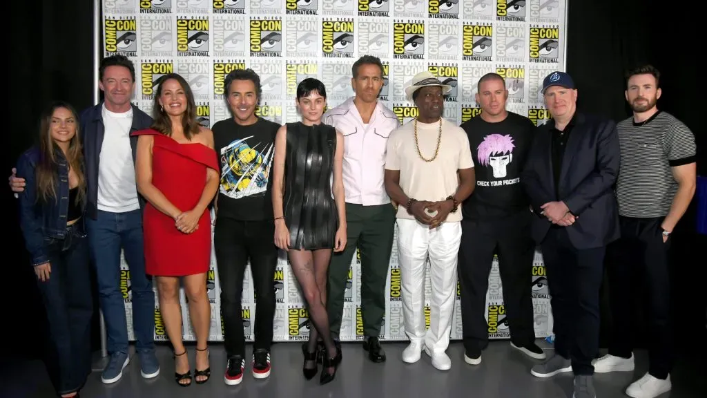 (L-R) Dafne Keen, Hugh Jackman, Jennifer Garner, Shawn Levy, Emma Corrin, Ryan Reynolds, Wesley Snipes, Channing Tatum, Kevin Feige, President, Marvel Studios and Chris Evans (Alberto E. Rodriguez/Getty Images)