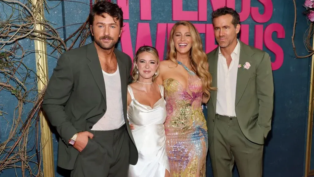 Brandon Sklenar, Courtney Salviolo, Blake Lively and Ryan Reynolds attend the “It Ends With Us” New York Premiere. (Source: Cindy Ord/Getty Images)