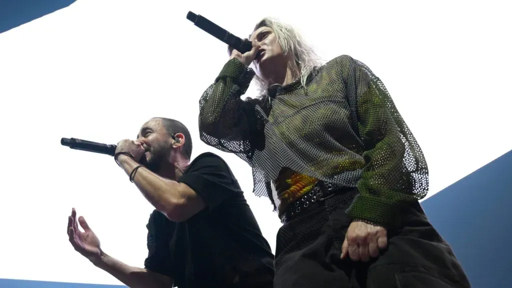 Mike Shinoda and Emily Armstrong and Linkin Park perform during a global livestream at Warner Bros. Studios on September 05, 2024 in Burbank, California. (Source: Timothy Norris/Getty Images for Warner Music)