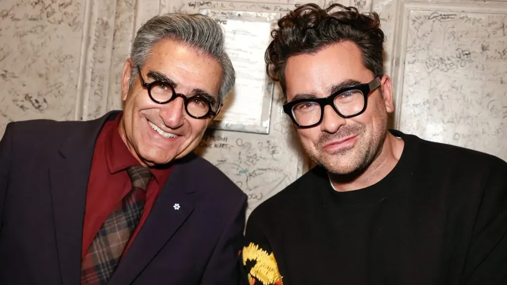 Eugene Levy and Dan Levy are seen during the “Best Wishes, Warmest Regards” book launch at The Beacon Theatre on October 25, 2021. (Source: Arturo Holmes/Getty Images)