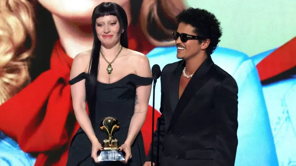 Lady Gaga and Bruno Mars accept the Best Pop Duo/Group Performance Award for “Die with a Smile” onstage during the 67th Annual GRAMMY Awards at Crypto.com Arena on February 02, 2025 in Los Angeles, California. (Photo by Kevin Winter/Getty Images for The Recording Academy)