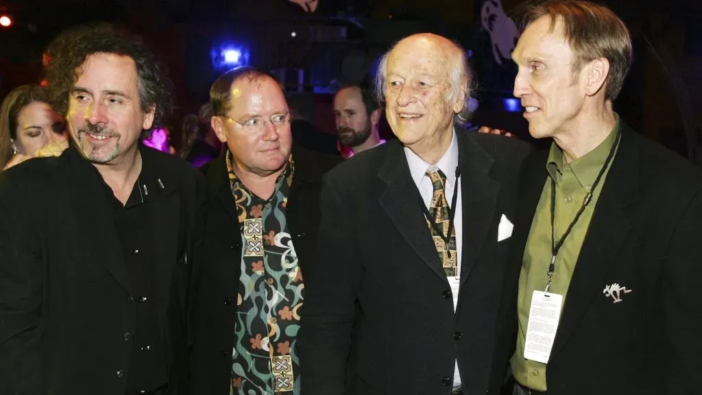 Writer/producer Tim Burton (L) and directors John Lasseter, Ray Harryhausen and Henry Selick attend the afterparty to the premiere of the Walt Disney Pictures’ film “The Nightmare Before Christmas 3D” on October 16, 2006 at The Highlands in Hollywood, California. (Photo by Vince Bucci/Getty Images)