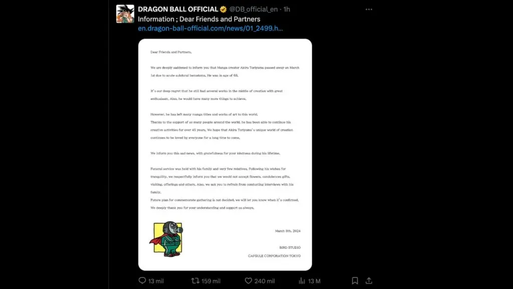 Comunicado de la cuenta de Dragon Ball en Twitter.
