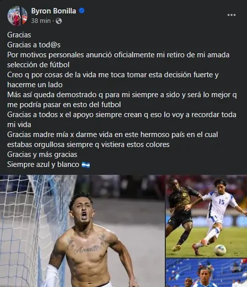 El mensaje de Byron Bonilla en sus redes sociales.