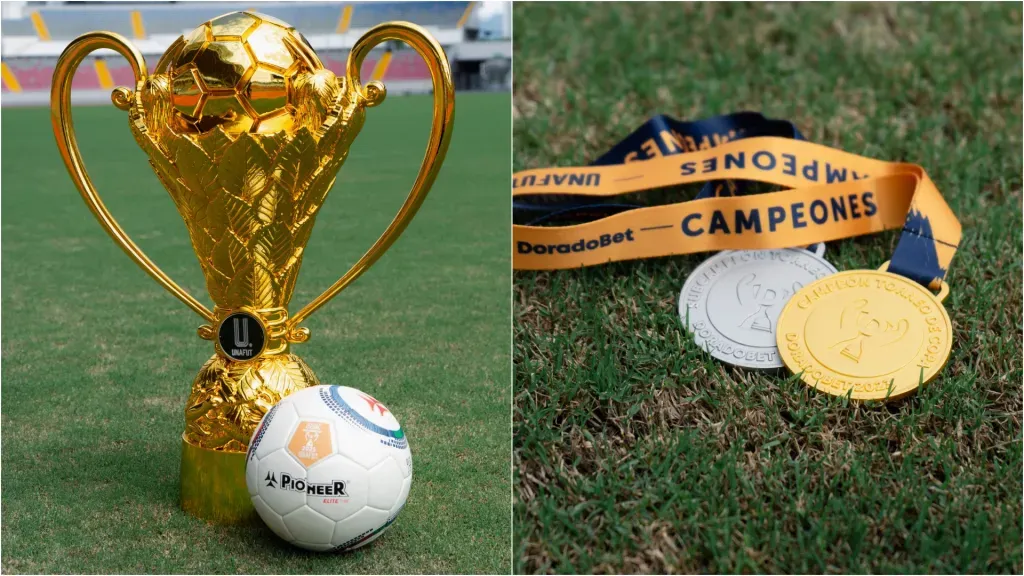 El trofeo y las medallas que se disputarán hoy Alajuelense y Saprissa. (Foto: UNAFUT)