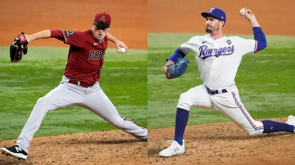 Joe Mantiply y Andrew Heaney choca en el juego 4 de la Serie Mundal 2023 (Foto: Getty Images)