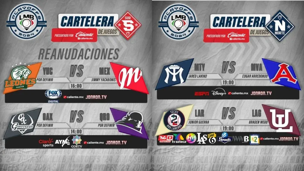 Cartelera del 17 de agosto en los playoffs 2024 de la LMB | Serie de Zona (Vía LMB)