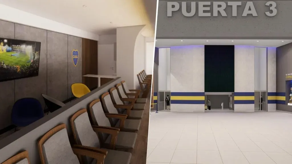 El hall y el palco institucional que proyectan en La Bombonera. (Captura Twitter)