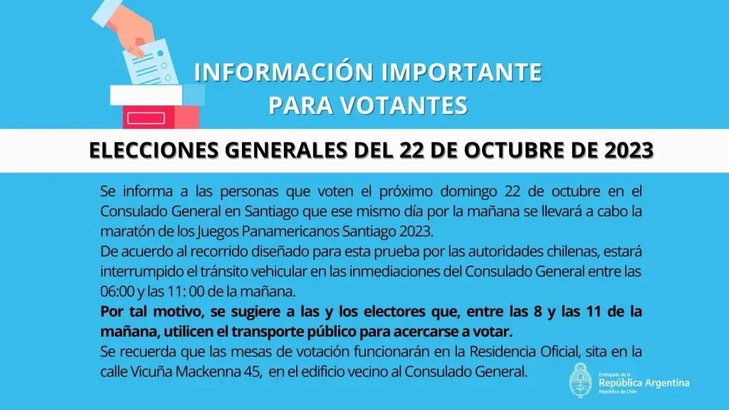 La embada de Argentina en Chile publicó esta imagen en sus redes sociales dirigida a los votantes argentinos que votan en el Consulado de Santiago | Foto: @EmbArgEnChile