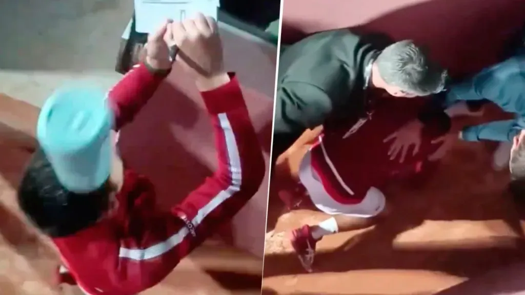 Novak Djokovic terminó en el suelo tras recibir el botellazo en la cabeza previo a su duelo con Alejandro Tabilo. Foto: Twitter.
