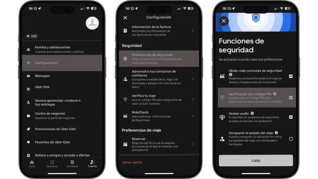 Preferencias de Seguridad en la app de Uber