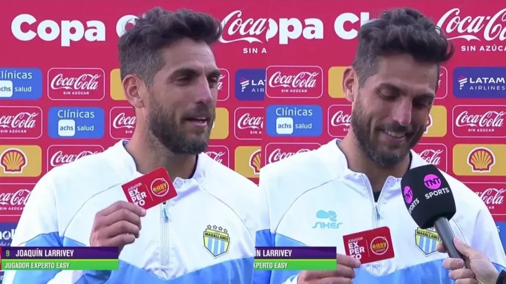 Joaquín Larrivey con su tarjeta de regalo y una dedicatoria a su esposa. Foto: TNT Sports.