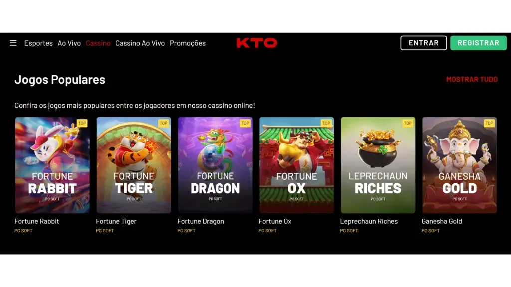 Os jogos mais populares estão no cassino da KTO.