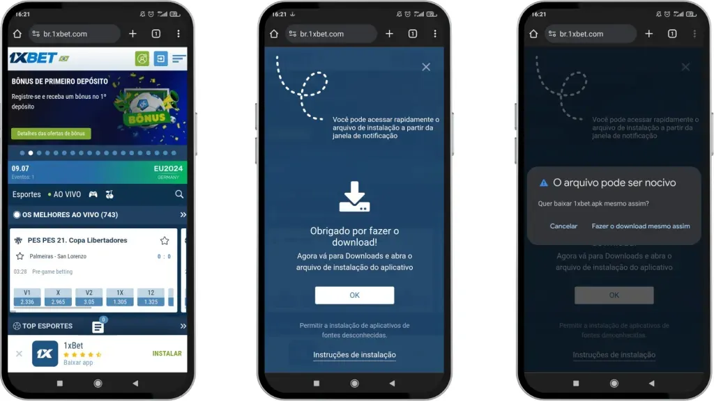 O apk para aparelhos Android está disponível no site da 1xbet.