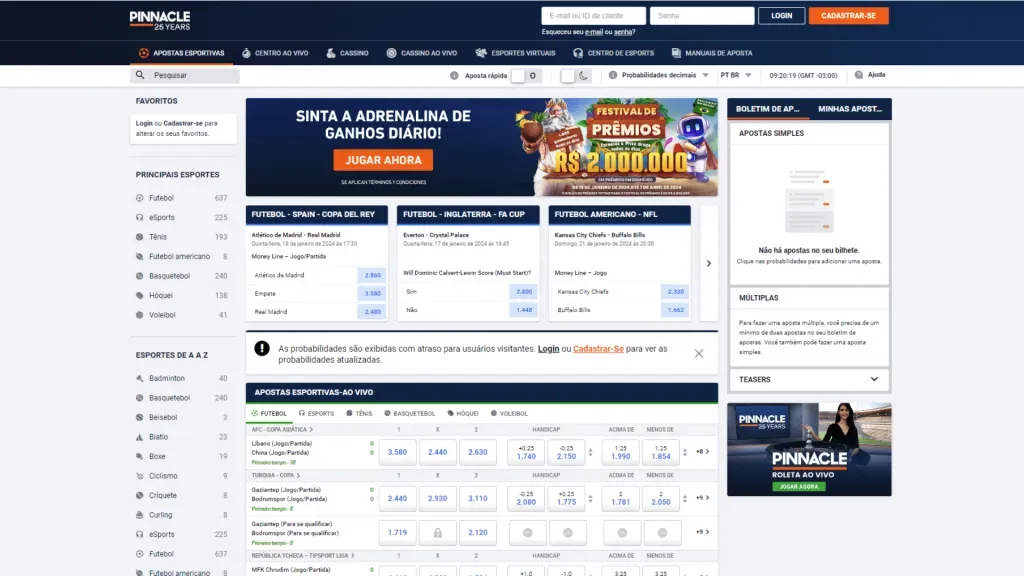 Visite o site da Pinnacle para consultar o catálogo de apostas esportivas e cassino. Crédito: Reprodução / Pinnacle