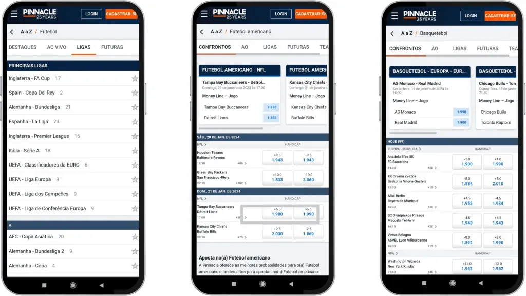 No site móvel da Pinnacle é possível acessar todo o catálogo de apostas esportivas da plataforma.