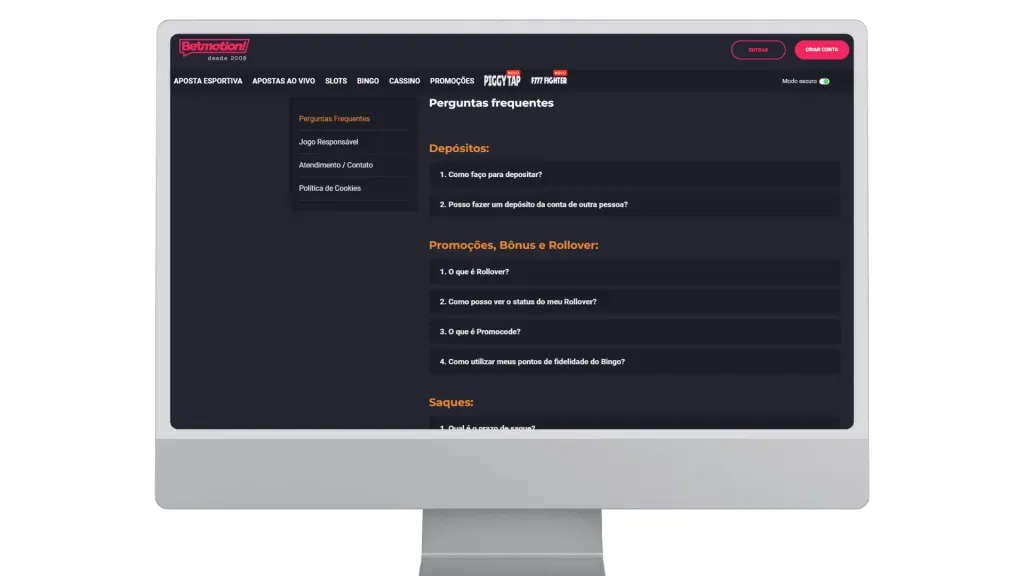 Captura de tela página de perguntas frequentes da Betmotion