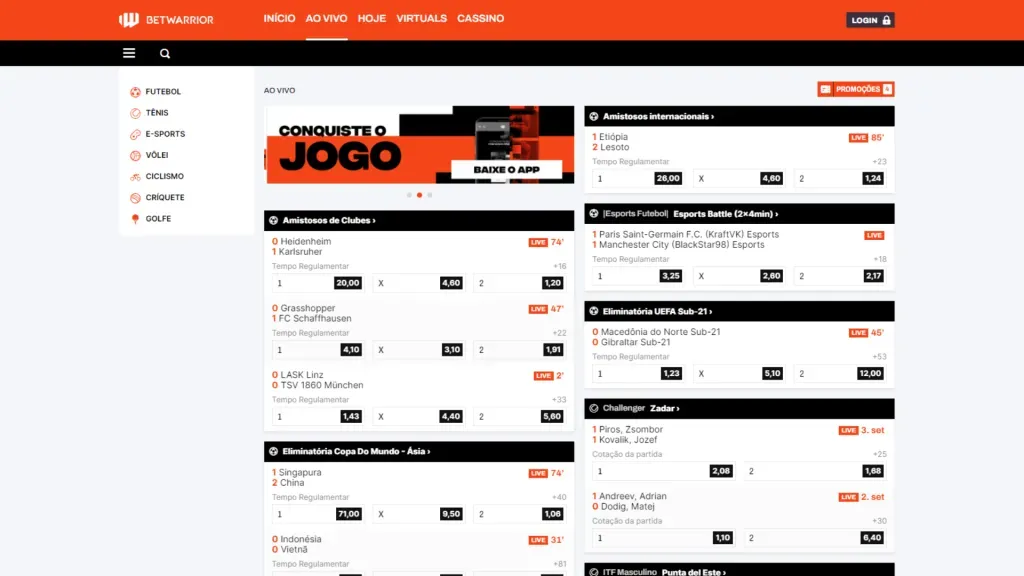 É possível apostar em eventos ao vivo na BetWarrior. Reprodução/BetWarrior.