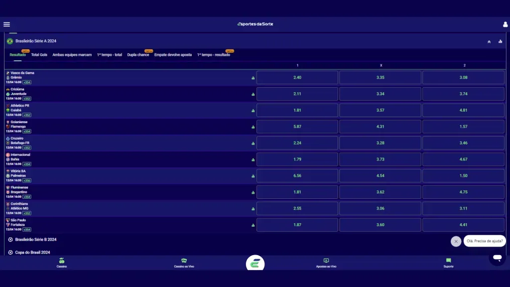 Uma das promoções disponíveis na Esportes da Sorte é o Palpite adicional para Brasileirão Série A , B / Copa do Brasil. Odds estão sujeitas à atualização. Visite o site para conferir a cotação atualizada.