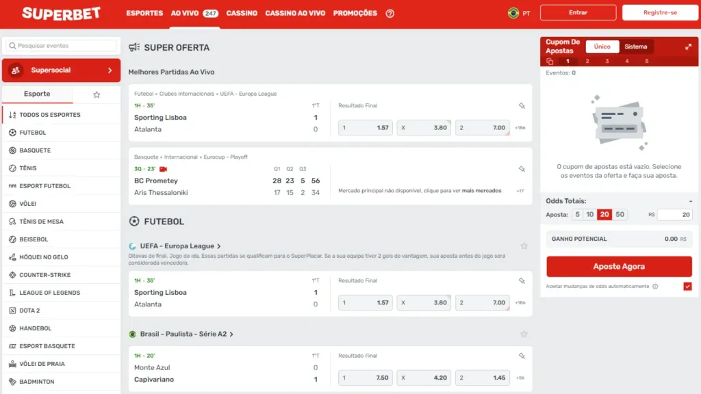Além das apostas pré-jogo, também é possível fazer apostas ao vivo na Superbet.