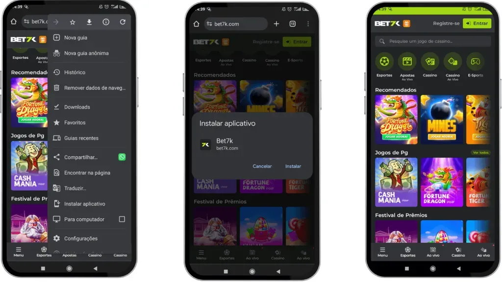 Passo a passo para criar um atalho do site móvel da Bet7k em aparelhos Android.