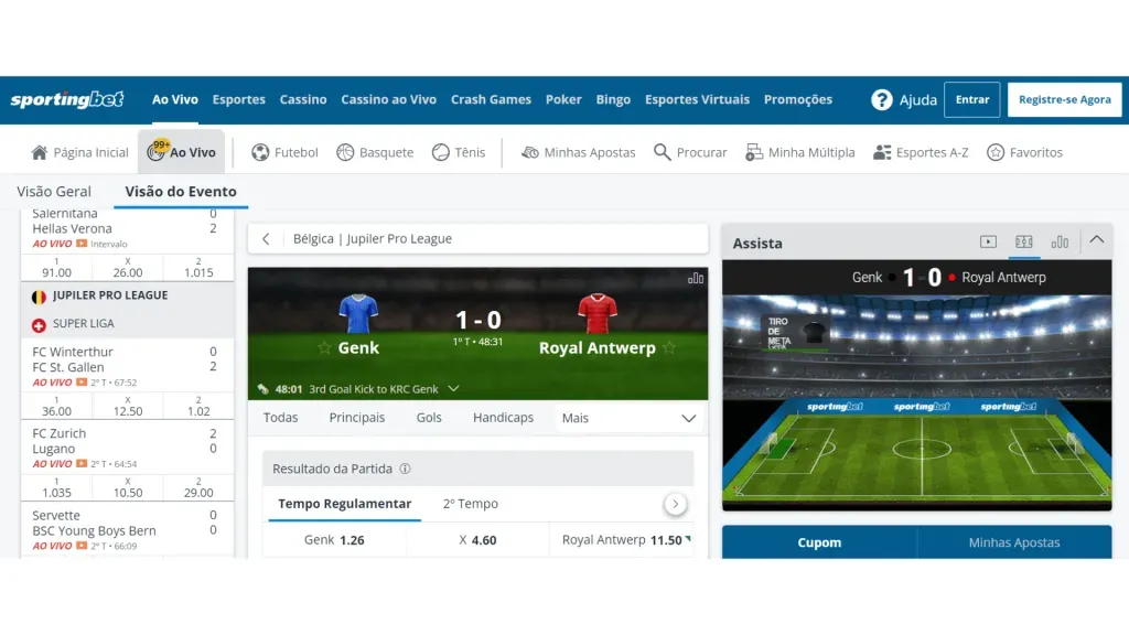 Além das odds, usuários também podem consultar o painel de estatísticas das partidas em tempo real. Reprodução/Sportingbet