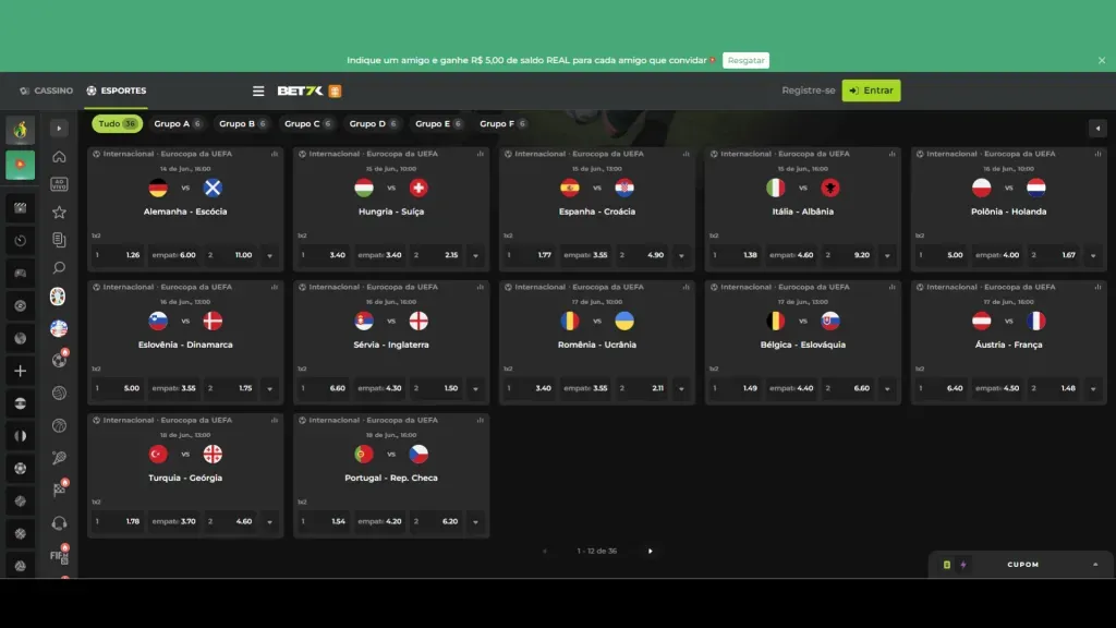 Usuários já podem conferir os mercados e odds para a Eurocopa na Bet7k.