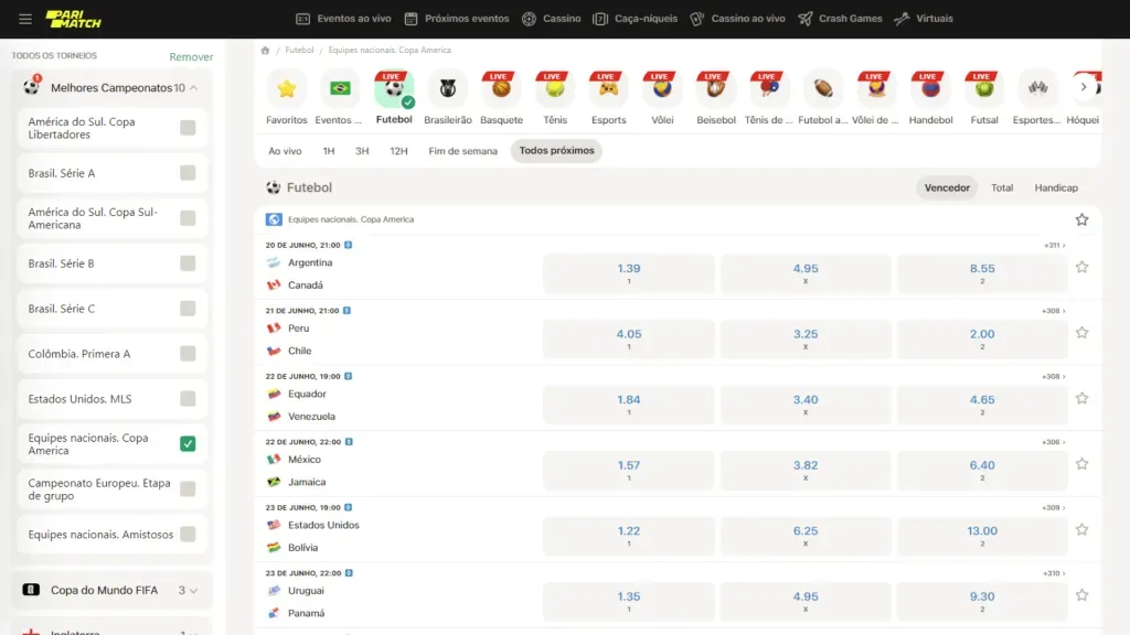 Usuários já podem consultar as odds da fase de grupos da Copa América.