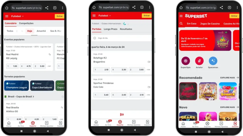 Usuários podem escolher entre usar o app para Android ou o site móvel para apostar na Superbet.