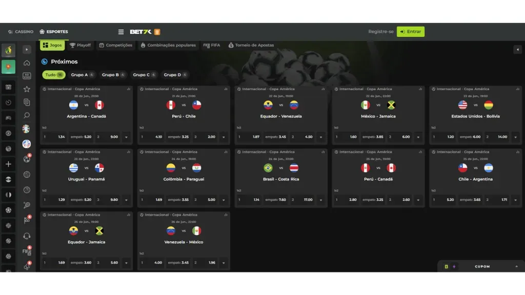 Usuários já podem consultar as odds e mercados da fase de grupos da Copa América.