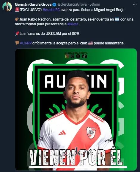 La oferta de Austin FC por Miguel Borja (Twitter @GerGarciaGrova).