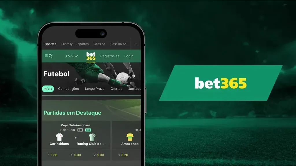 Imagem com fundo em tons de verde, celular com partidas em destaque, e logo da bet365 à direita