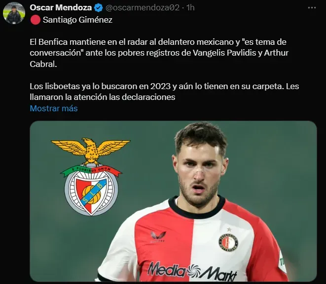 Benfica se agregó a los pretendientes de Santi Giménez. (@oscarmendoza02)