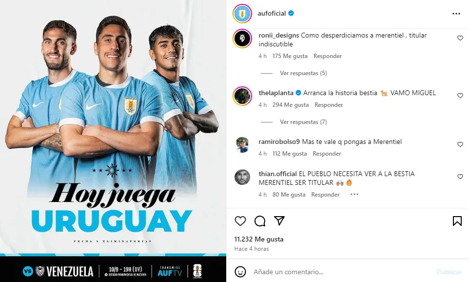 La AUF y el posteo que involucró a Merentiel (Instagram @aufoficial).