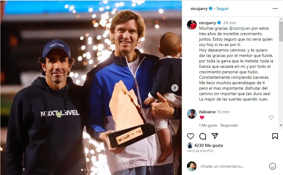 El mensaje de Nico Jarry a Juan Ozón (Instagram)