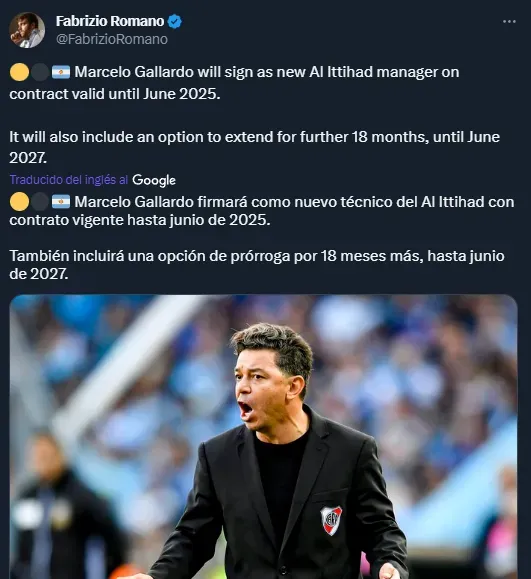 Los detalles sobre el contrato de Gallardo con Al Ittihad (Twitter @Fabrizio Romano).
