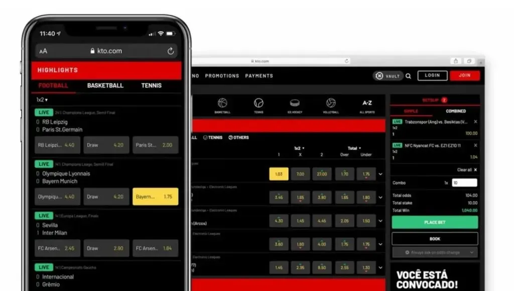 Telas de smartphone e notebook abertas na KTO, demonstrando a boa interface de usuário da plataforma. 