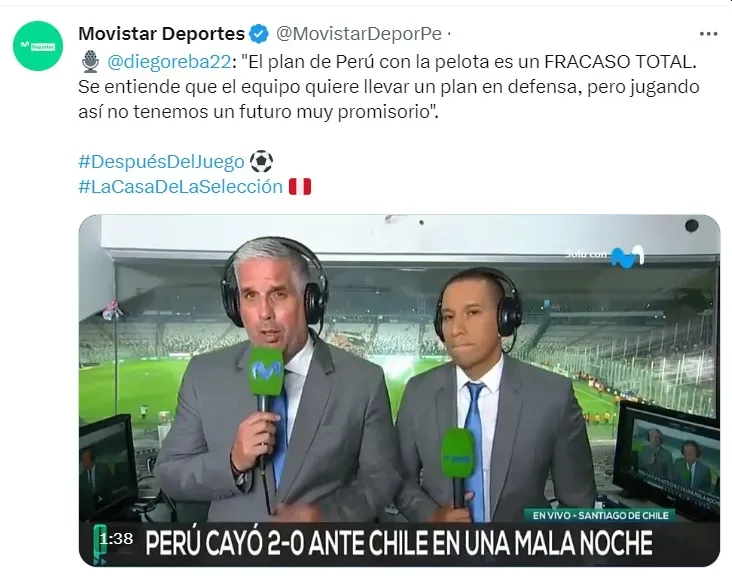 Perú vs Chile: Diego Rebagliati analizó juego de Juan Reynoso. | Créditos: Twitter Movistar Deportes.