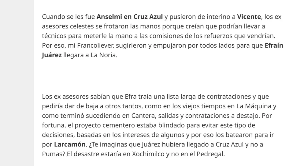 Revelan las razones por las que miembros de la directiva querían a Efraín Juárez en Cruz Azul. (Diario Récord)