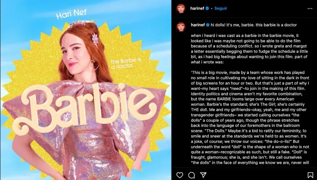 Hari Nef le escribió a Greta Gerwig y Margot Robbie (Instagram)