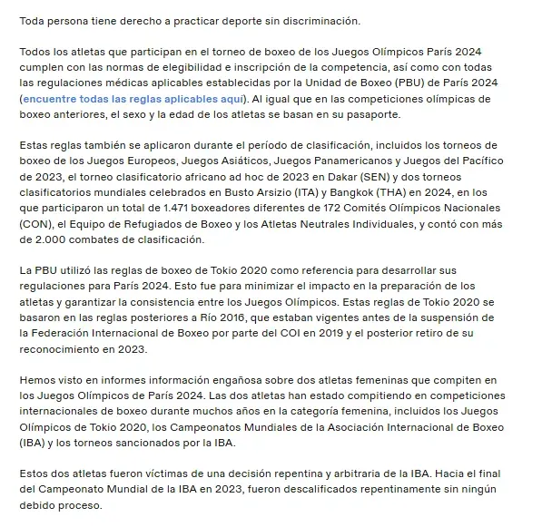 La primera parte del comunicado del COI sobre el caso Imane Khelif. (X)