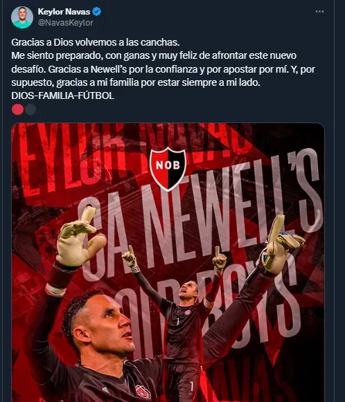 Keylor Navas en sus redes sociales tras fichar por Newell’s