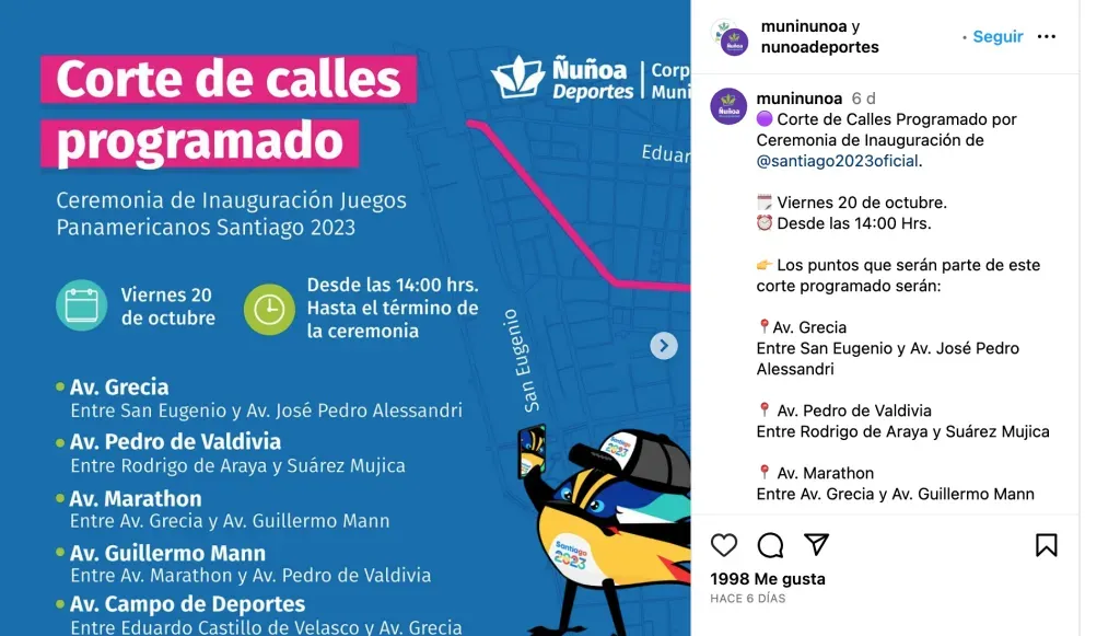 Cortes de calles por inauguración de Santiago 2023 / @muninunoa Instagram