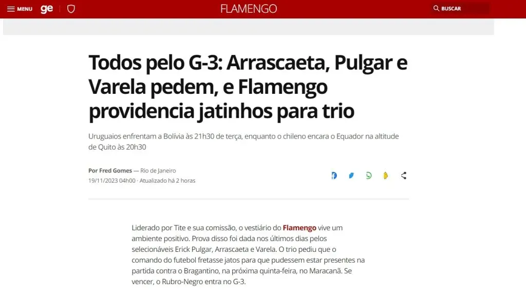 La publicación sobre Erick Pulgar y Flamengo (Globo Esporte)